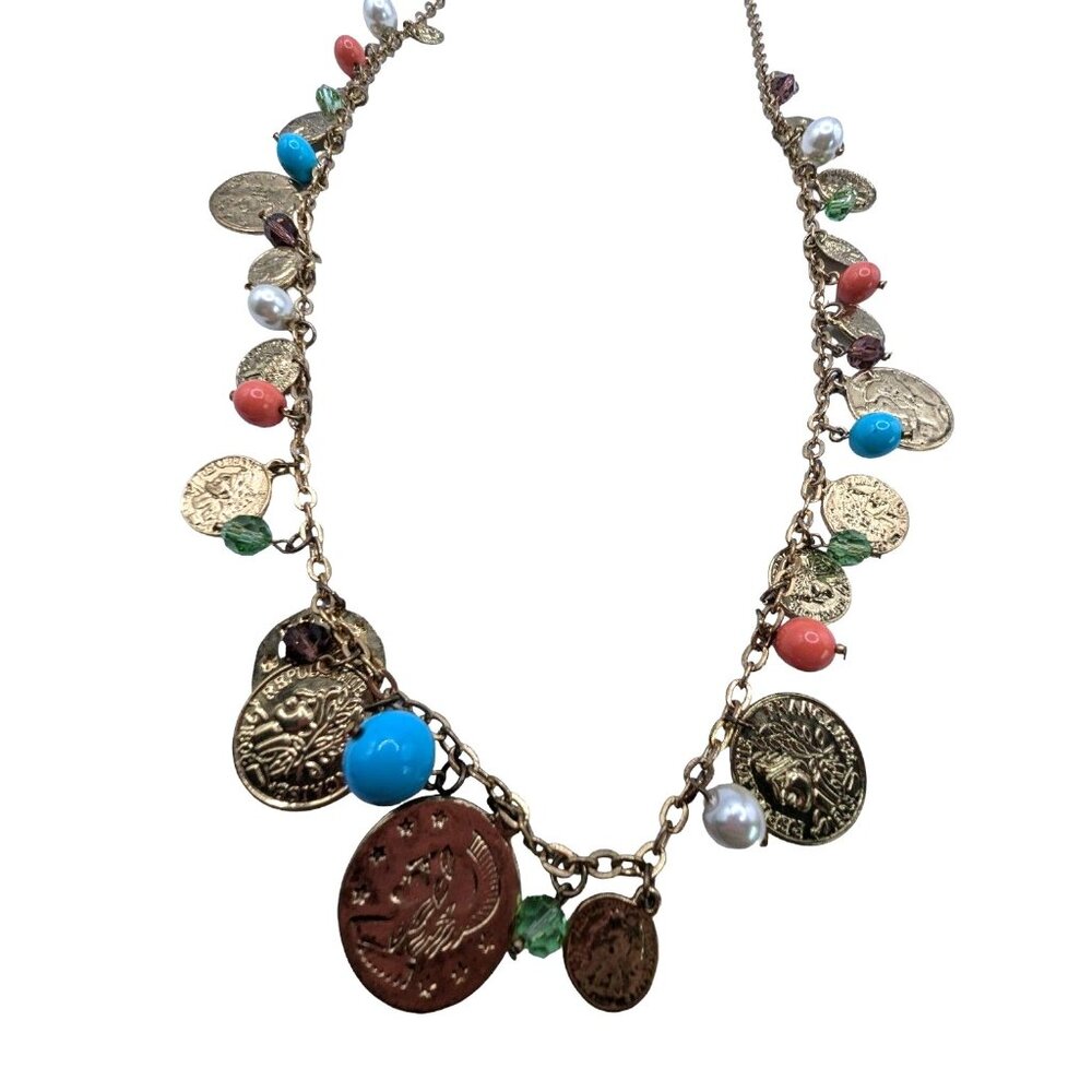 Vintage R J GRAZIANO 90s Gold Tone Coin Charm and Bead Necklace - Picture 3 of 13